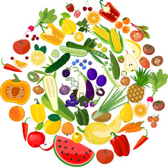 Big set of different ripe fruits and vegetables isolated on white background