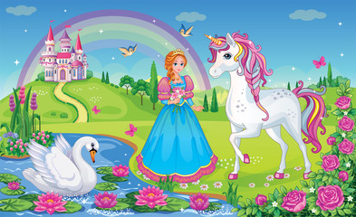 Fototapety  Beautiful Princess with white unicorn and Swan. Fairytale background with flower meadow, castle, rainbow, lake. Wonderland. Magical landscape. Children's cartoon illustration. Romantic  story. Vector.