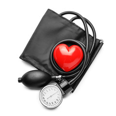 Sphygmomanometer with red heart on white background