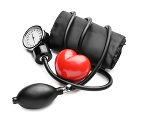 Sphygmomanometer with red heart on white background