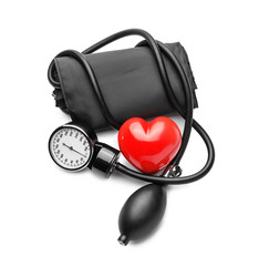 Plakat Sphygmomanometer with red heart on white background