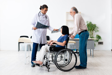 Old couple visiting young male doctor