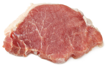 Sliced raw pork meat isolated on white background. top view