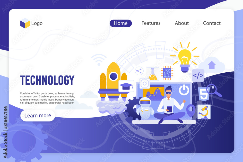 Poster technology, digital world landing page vector template. businessman with 3d glasses and devices face