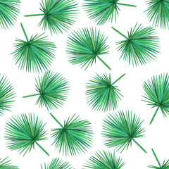 Fototapeta premium Watercolor green palm leaves on a white background. Seamless pattern. Hand illustration.