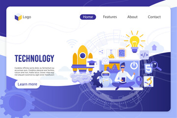 Technology, digital world landing page vector template. Businessman with 3D glasses and devices faceless character. Innovation, scientific breakthrough, high tech web banner homepage design layout