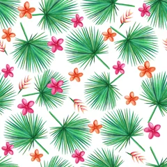 Fotobehang Tropische Bladeren Watercolor  green palm leaves on a white background.  Orchid, Plumeria, Heliconia Flowers. Seamless pattern. Hand illustration.  © Oksana