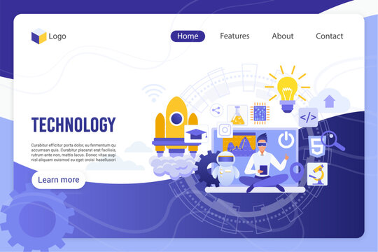 Technology, digital world landing page vector template. Businessman with 3D glasses and devices faceless character. Innovation, scientific breakthrough, high tech web banner homepage design layout