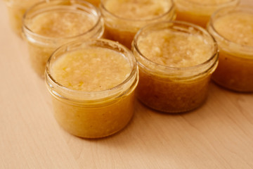 Dessert and jam with lemon in a jar. Jam for tea.