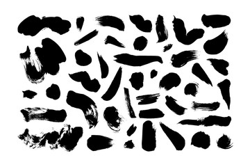 Hand drawn brush spots, dots and lines vector set. Black paint, ink brush strokes, spots, circles.