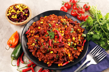 Hot chili con carne. mexican food tasty and spicy wit beans