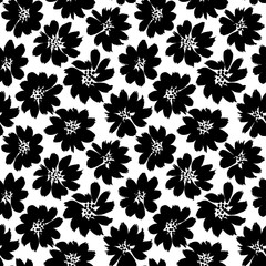 Ink drawing flowers hand drawn seamless pattern. Black and white ink brush vector texture. Grunge dry brushstroke drawing.