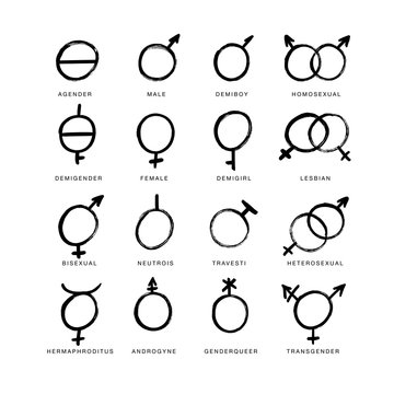 Vector brush icons of gender symbols and combinations. Male, female, transgender, lesbian, gay, homosexual,