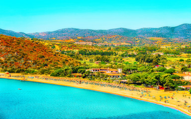 Beautiful nature of Villasimius and with Blue Waters of the Mediterranean Sea on Sardinia Island in...
