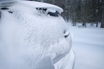 Snow covered car in the winter forest.