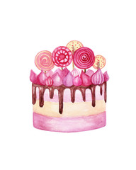 Watercolor cake with chocolate and marshmellaw on white background. Desing for logo, card.