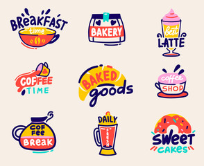 Cute Set for Bakery Shop or Coffee House Goods Design Isolated on White Background. Doodle Icons Collection of Bakery and Hot Drinks, Cup of Latte, Daily Fresh Typography Cartoon Vector Illustration