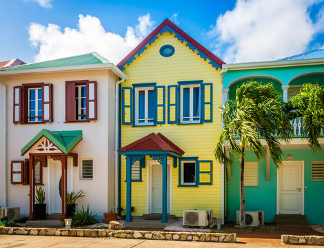 Colorful houses in Orient Bay on the island of Saint-Martin in the Caribbean