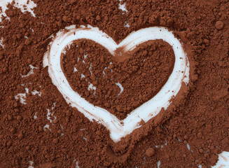 heart shaped drawing on cacao powder , top view, heart background