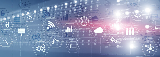 Industry technology concept. Mixed Media virtual screen. Manufacturing wireless computing future technology server room.
