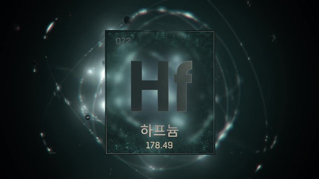 Hafnium as Element 72 of the Periodic Table. Seamlessly looping 3D animation on green illuminated atom design background orbiting electrons name, atomic weight element number in Korean language