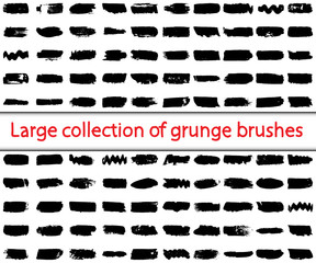 Large collection of grunge brushes. Abstract lines with a dry brush. Smears of black paint. Ink spots on a white background