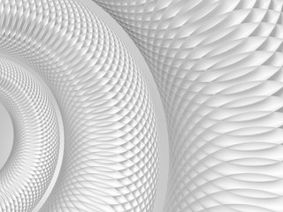Abstract white background with round spiral structure made of circles, 3d