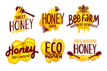 Natural and Eco Farm Honey Packaging Labels and Tags Set Isolated on White Background. Logo and Packaging Design Templates with Typography in Trendy Style, Sweet Food Cartoon Vector Illustration