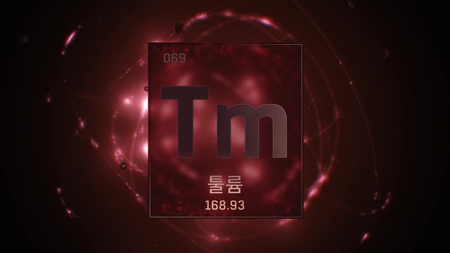 Thulium as Element 69 of the Periodic Table. Seamlessly looping 3D animation on red illuminated atom design background orbiting electrons name, atomic weight element number in Korean language