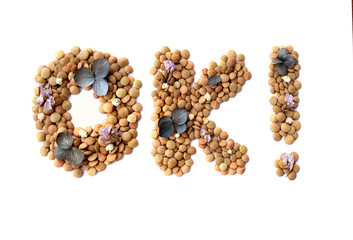 OK ! letters on a white background from lentils with flowers, the inscription from food - good, consent from cereals