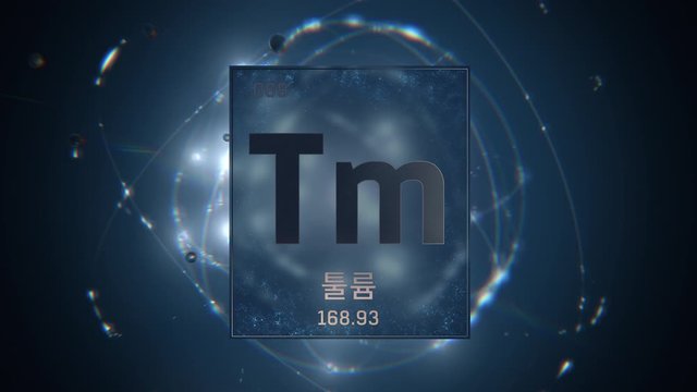 Thulium as Element 69 of the Periodic Table. Seamlessly looping 3D animation on blue illuminated atom design background orbiting electrons name, atomic weight element number in Korean language