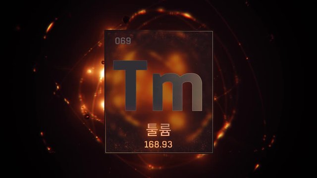 Thulium as Element 69 of the Periodic Table. Seamlessly looping 3D animation on orange illuminated atom design background orbiting electrons name, atomic weight element number in Korean language