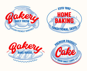 Bakery Shop Labels Set Isolated on White Background. Home Baking Traditional Test Badges with Typography and Sketchy Drawing, Vegan Friendly Daily Bread and Sweet Cakes. Cartoon Vector Illustration