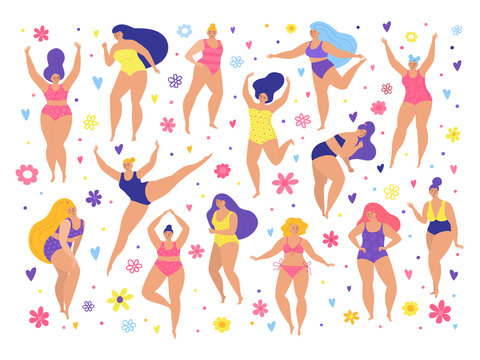 Body positive happy fat women in swimsuits set vector illustration. Beautiful different plus size bodies overweight girls stand, dance, go, jump isolated collection flat style.