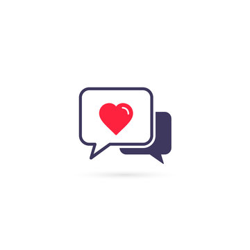 Speech bubble with heart icon on white background, vector isolated flat illustration
