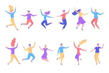 Jumping people men, women, boys, girls vector illustration isolated set. Happy smiling different active young positive people in motion jump, dance, move collection flat style.
