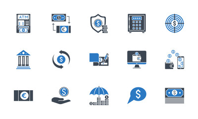 Banking icons set. Black and blue color.