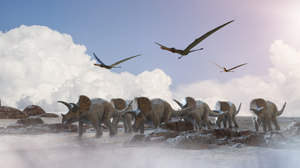 different dinosaurs on prehistoric background of nature, 3d render © de Art