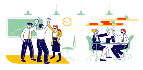 Naklejka premium Joyful Business People Rejoice and Giving Highfive after Successful Deal or Contract Signing. Managers Team, Businessmen and Businesswomen Teamwork Group Cartoon Flat Vector Illustration, Line Art