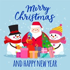 Christmas xmas new year holiday celebration card vector illustration. Santa claus holds christmas tree, two snowmen, bird, gift boxes festive greeting design banner web print.