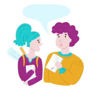 Vector isolated illustration communication between girl and boy about learning. Boy shows good mark. They have colored hair, school attributes, and speech bubble. In web design, printing, etc.