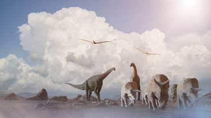 different dinosaurs on prehistoric background of nature, 3d render