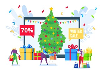 Sale online shopping with discounts in winter holidays vector illustration. People buy in internet shop sale christmas, new year gifts. Xmas tree, decorated present boxes, laptop or tablet screen.