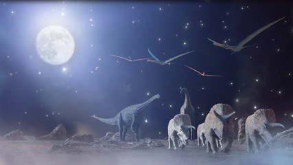 different dinosaurs on prehistoric background of nature, 3d render © de Art
