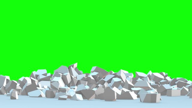 Concrete wall exploding chroma key footage. Construction blowing to pieces animation. Foreground destruction revealing background isolated on green screen