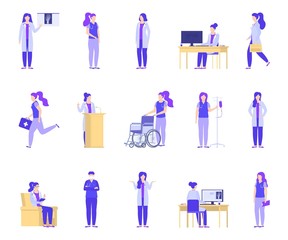 Doctor woman working in medical clinic vector illustration isolated set. Female doctor with dropper, wheelchair, first aid kit, stethoscope. Doctor makes diagnosis, treats, takes healthcare.