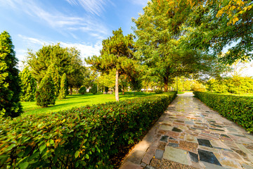 Flowerbeds, Grass Pathway and Ornamental Vase in a Formal Garden