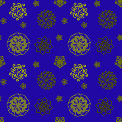 Seamless repeat pattern with flowers in bronze on blue background. drawn fabric, gift wrap, wall art design, wrapping paper, background, fabric print, web page backdrop.