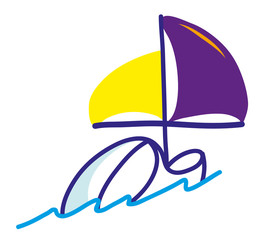Minimalist style illustration of Sailboat swims on blue wave. Sailboat and sea.