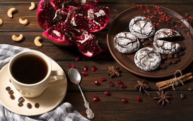 coffee and homemade cookies on a wooden background